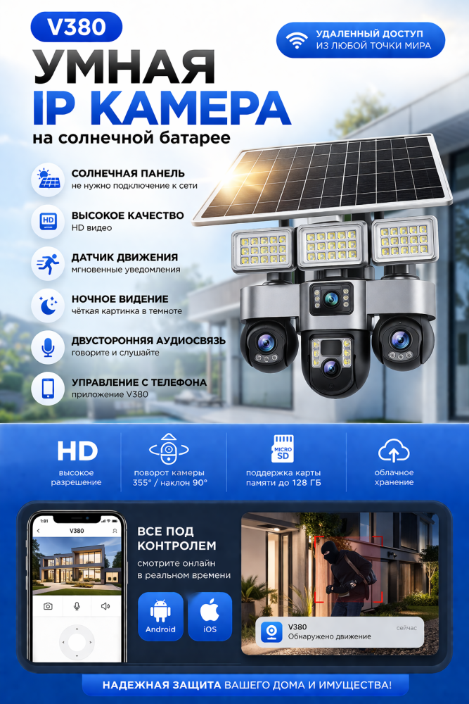 Солнечная IP камера V380 Smart Net Camera с прожектором и панелью