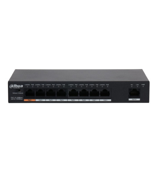 PoE Коммутатор Dahua DH‑PFS3009‑8ET1GT‑96‑V2 — 9‑порт (8×100M, 1×Gigabit), Hi‑PoE 60 Вт, бюджет 96 Вт