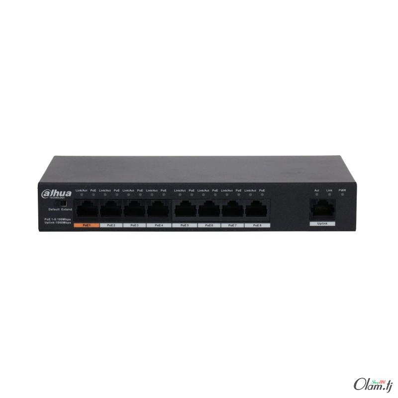 PoE Коммутатор Dahua DH‑PFS3009‑8ET1GT‑96‑V2 — 9‑порт (8×100M, 1×Gigabit), Hi‑PoE 60 Вт, бюджет 96 Вт