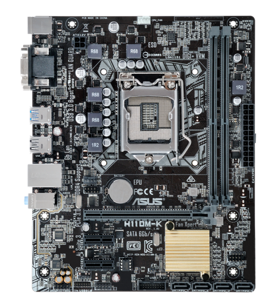 Материнская плата ASUS H110M-K, Micro ATX, Intel LGA 1151, DDR4, USB 3.0, VGA, DVI, Audio, Windows