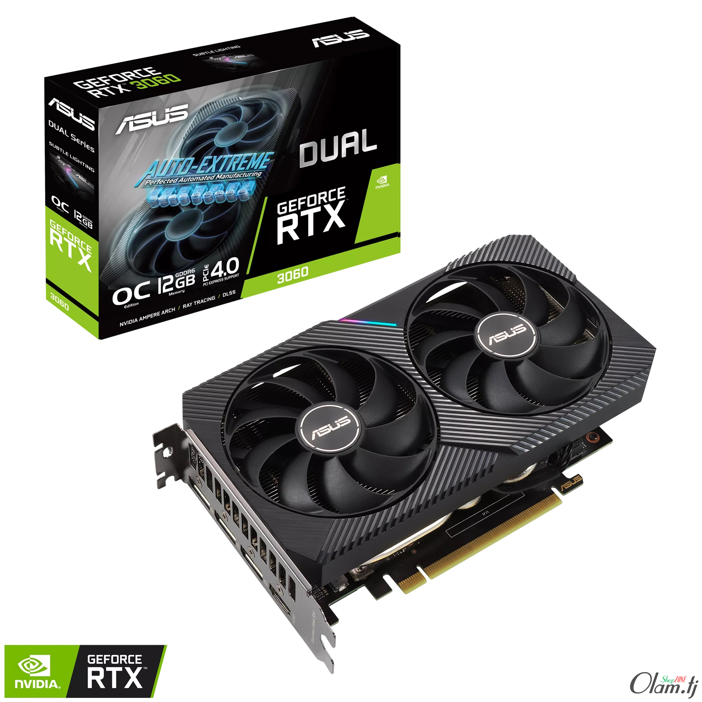 ASUS Dual GeForce RTX 3060 OC Edition 12 ГБ GDDR6 — 2× Axial‑tech вентиляторы, PCIe 4.0, HDMI 2.1, DisplayPort 1.4a