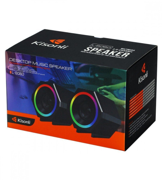 Kisonli L6060 LED RGB Компьютерный динамик – 5 Вт x 2, USB питание, аудио через 3,5 мм, с регулировкой громкости