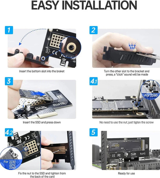 Адаптер JEYI M.2 PCIe 4.0 x4, скорость до 64 Гбит/с, с радиатором, поддержка M.2 2230/2242/2260/2280.