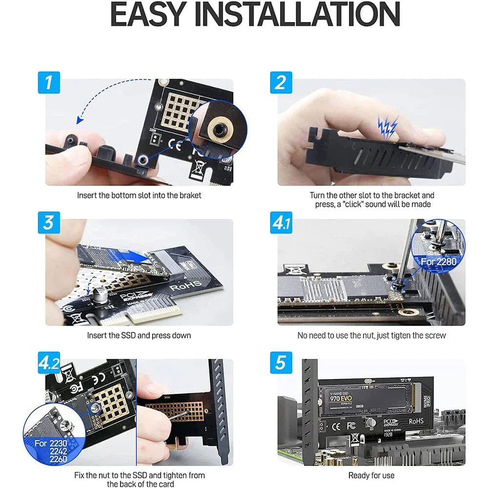 Адаптер JEYI M.2 PCIe 4.0 x4, скорость до 64 Гбит/с, с радиатором, поддержка M.2 2230/2242/2260/2280.